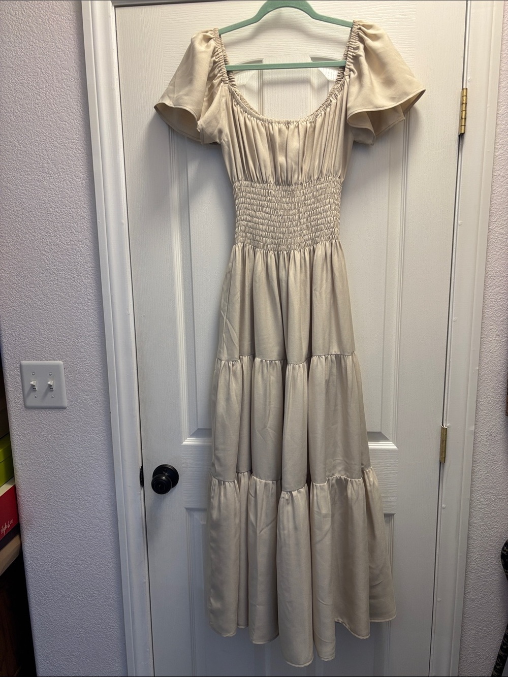 Beige Tiered Maxi Dress with Smocked Waist